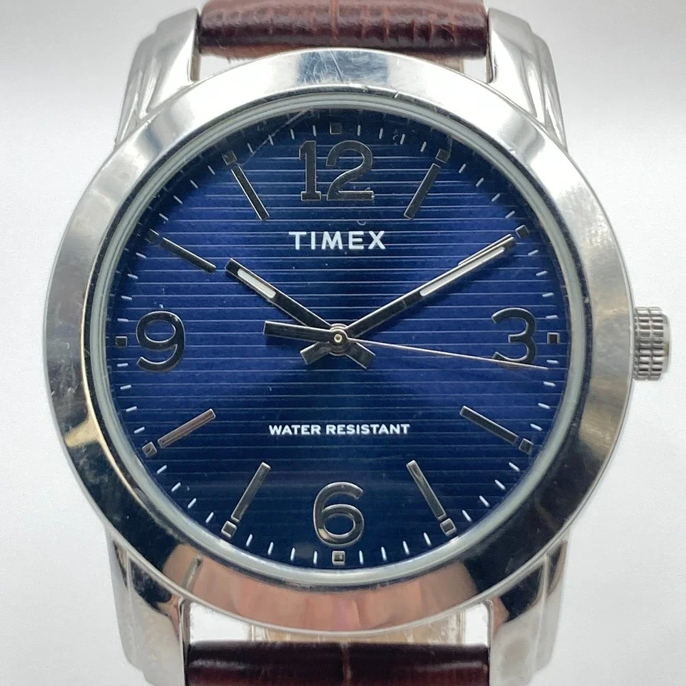 Timex Mens Watch 39mm Silver Tone Blue Striped Dial Leather WR New Battery 9.25